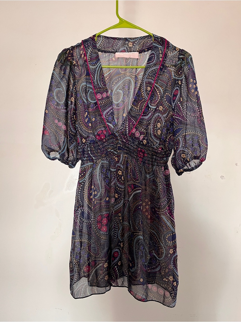 Romeo & Juliet Couture Navy Pink Paisley Sheer Print Mini Dress